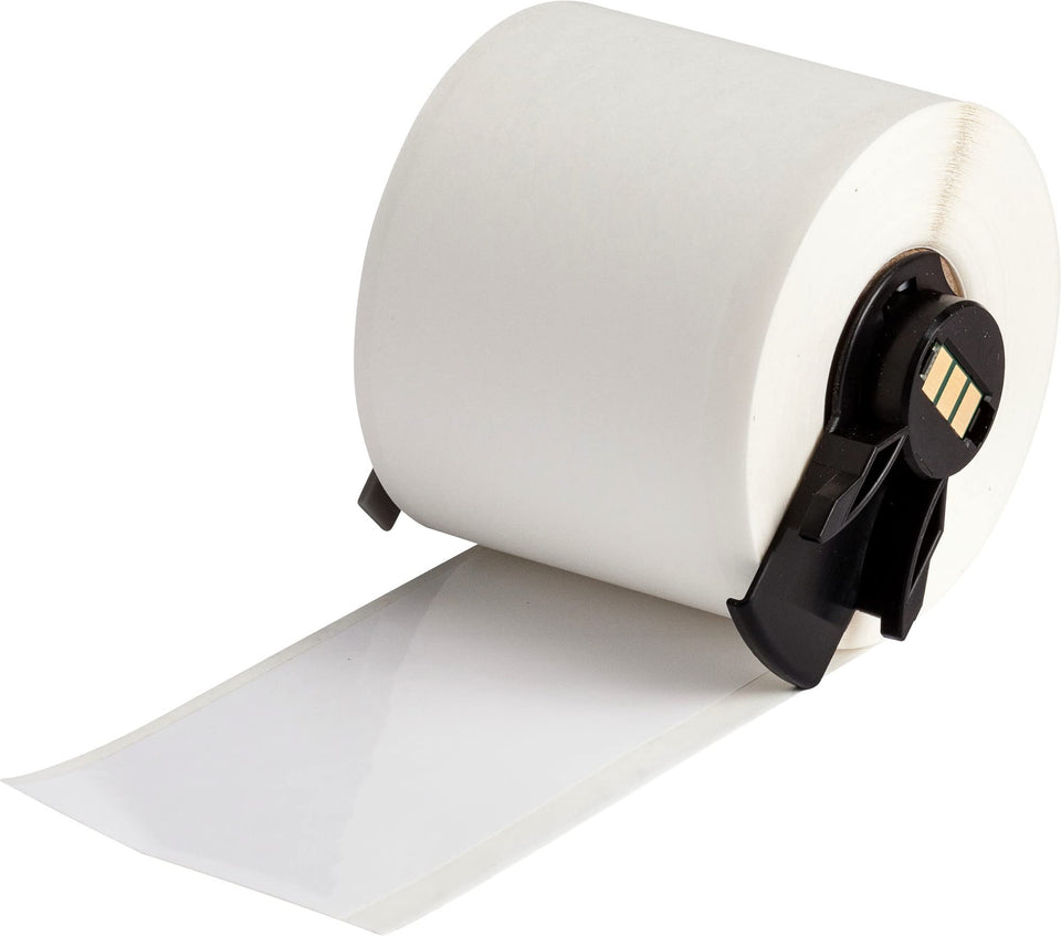 Brady all-weather label tape closeup showing durable identification on rough surfaces.