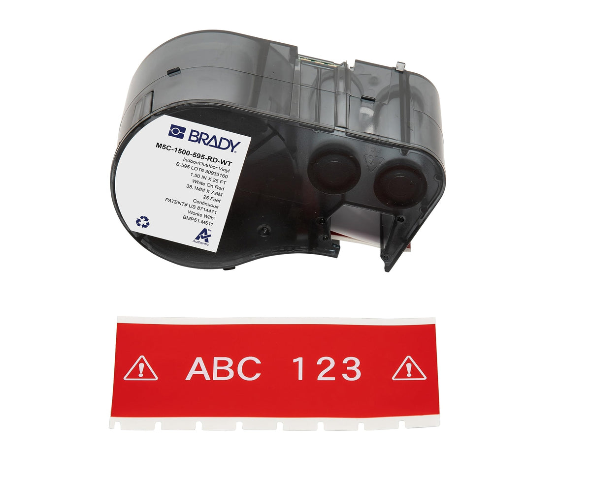 Brady Authentic all-weather label on red pipe shows UV and chemical resistance for outdoor labeling.