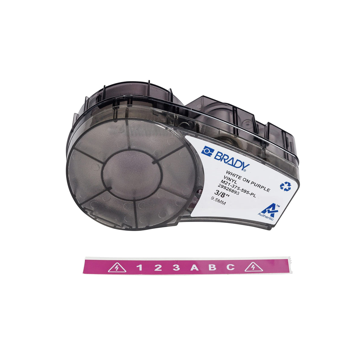 Brady Authentic all-weather label in white on purple for M210-LAB, outdoor durability.