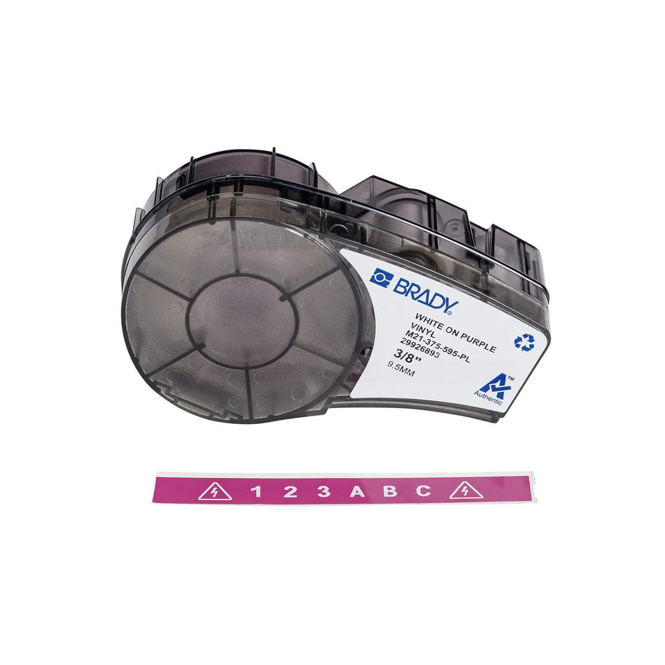 Brady Authentic all-weather label in white on purple for M210-LAB, outdoor durability.