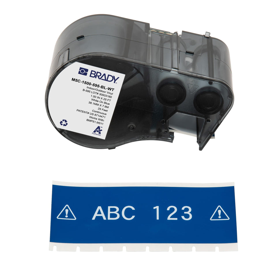 Brady Authentic all-weather vinyl label on blue background resists outdoor wear and aids asset identification.