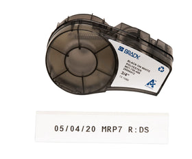Brady Authentic M21-750-488 label on metal surface shows solvent-resistant performance for lab labeling.