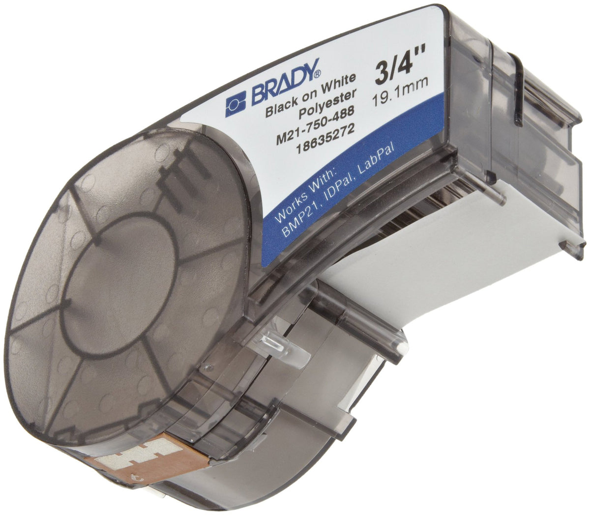 Brady Authentic M21-750-488 label on polypropylene demonstrates weather and chemical resistance.