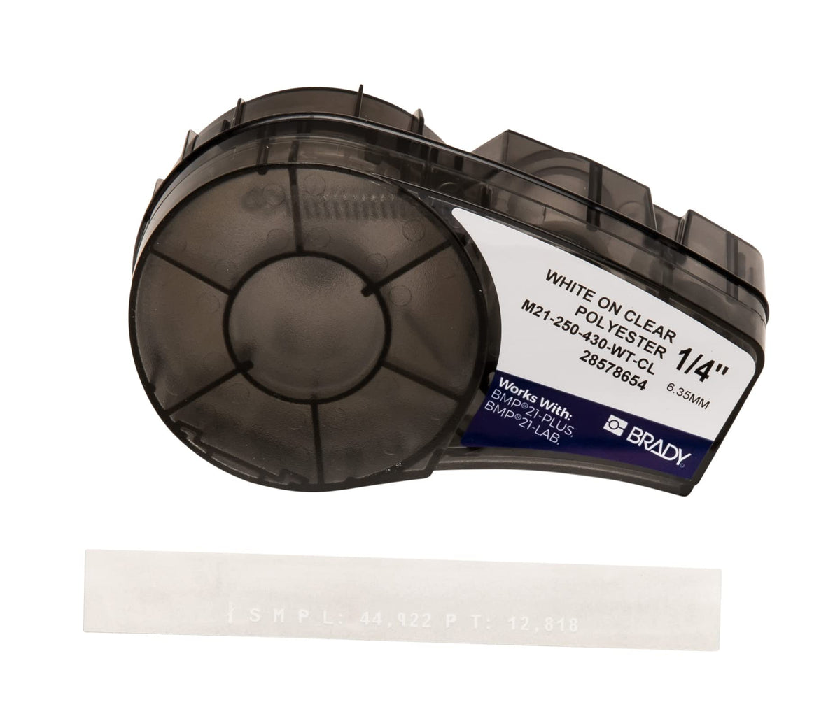Brady Authentic M21 clear polyester label with glossy finish for durable lab labeling.