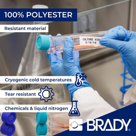 Brady M5-75-461 label on cryogenic vial immersed in liquid nitrogen