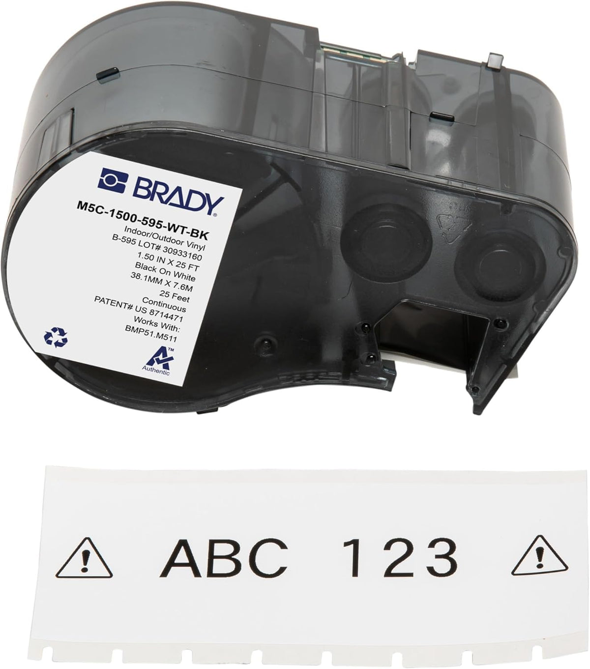Brady Authentic M5C-1500-595-WT-BK label on BMP51 for outdoor use.
