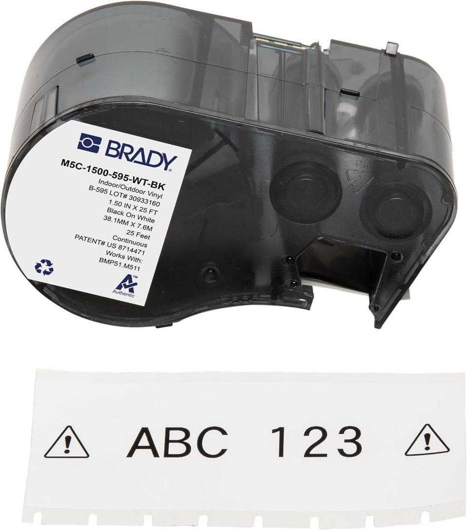 Brady Authentic M5C-1500-595-WT-BK label on BMP51 for outdoor use.