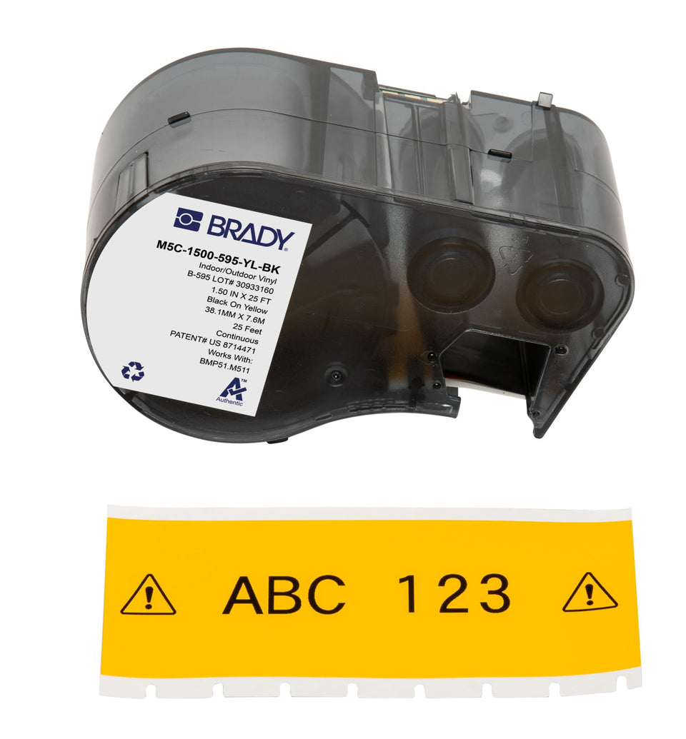 Brady Authentic M5C-1500-595-YL-BK all-weather vinyl label for outdoor labeling on industrial surfaces.