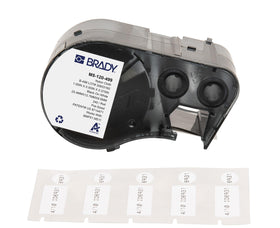 Brady B-499 roll front view showing labels and compatibility, durable adhesive benefit