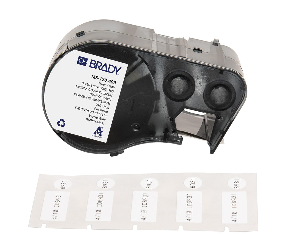 Brady B-499 roll front view showing labels and compatibility, durable adhesive benefit