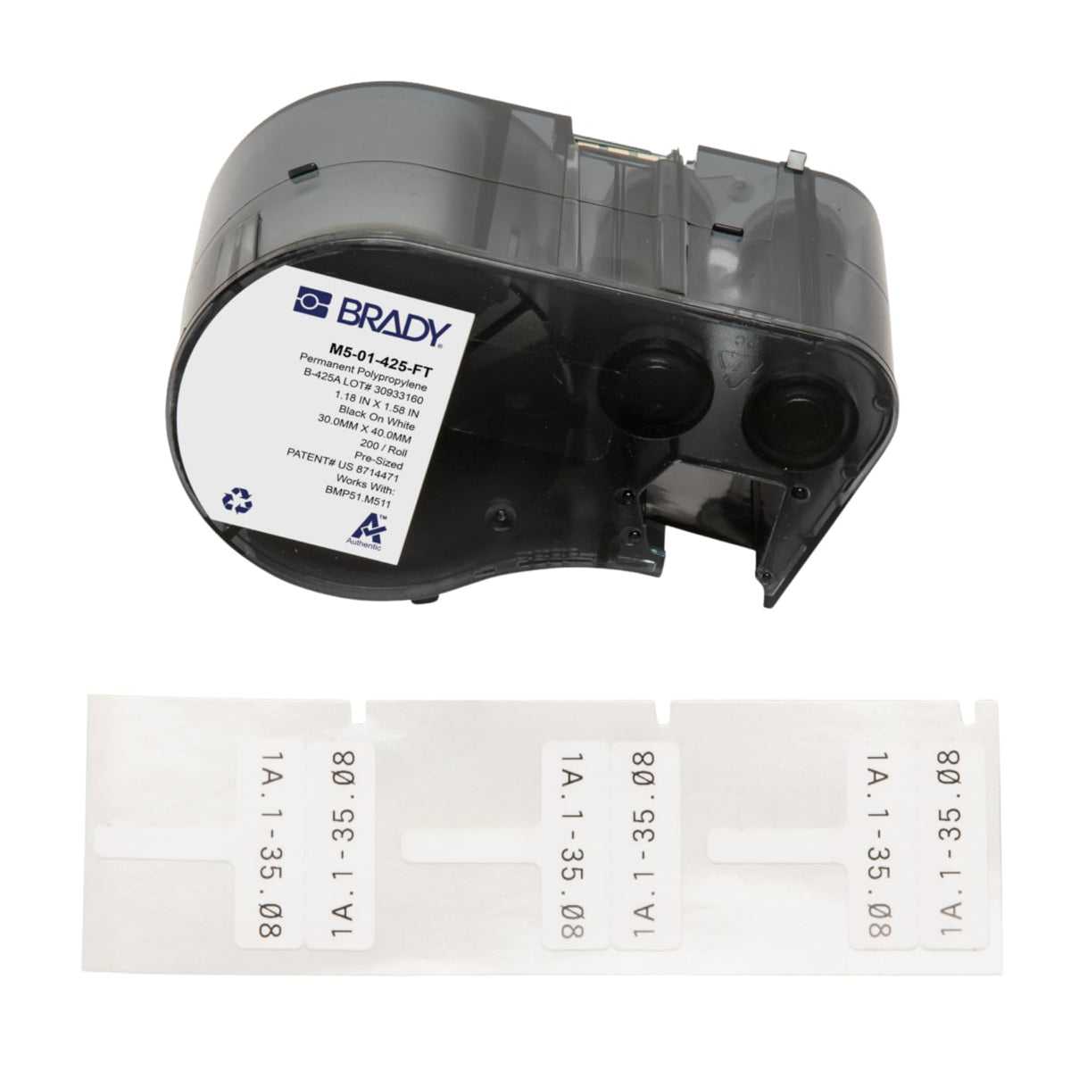 Brady front packaging showing B-425 flag labels and model info, clear identification benefit