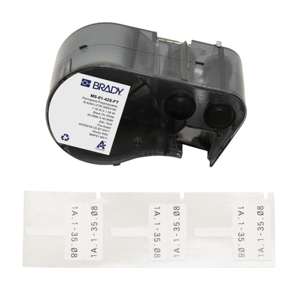 Brady front packaging showing B-425 flag labels and model info, clear identification benefit