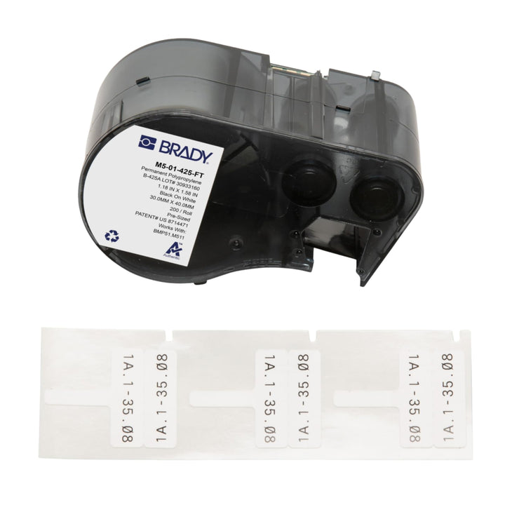 Brady front packaging showing B-425 flag labels and model info, clear identification benefit