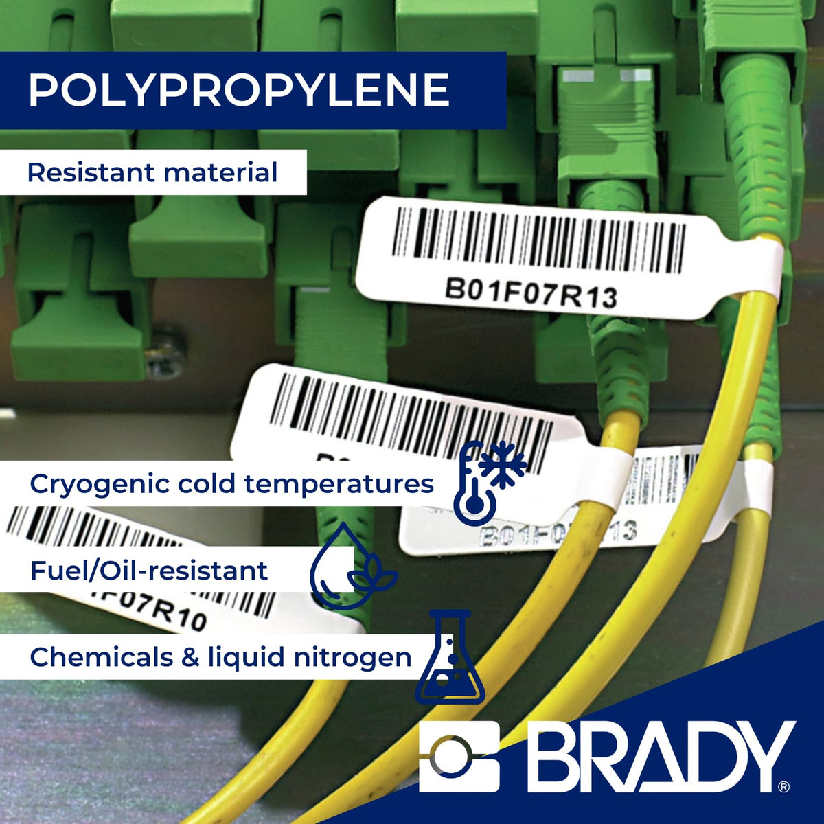 Printed Brady label with barcode close-up, demonstrates crisp readable print for scanning