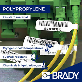 Printed Brady label with barcode close-up, demonstrates crisp readable print for scanning