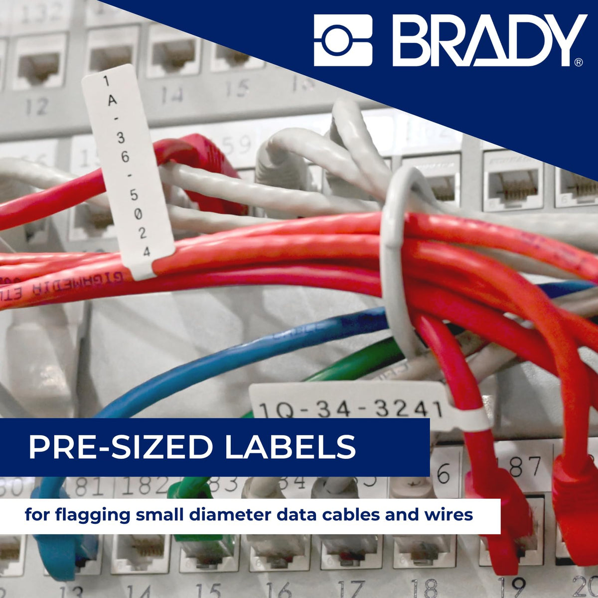 Brady flag label beside coin for scale, clarifies compact size for tight installations