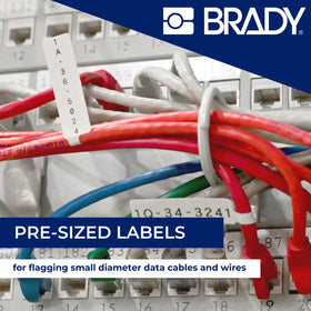 Brady flag label beside coin for scale, clarifies compact size for tight installations