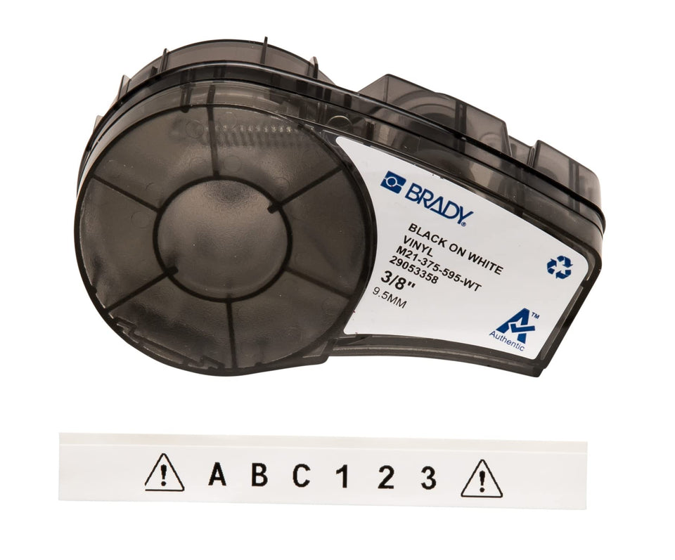 Brady front cartridge showing label roll and glossy white face for durable ID