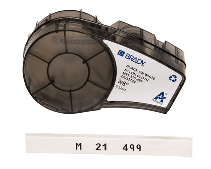 Brady front packaging showing M21-375-499 roll and compatibility benefits