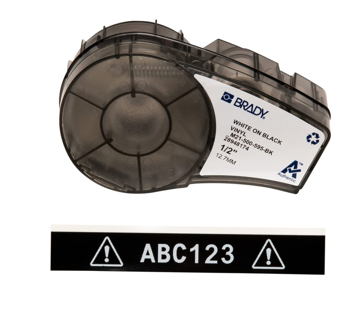 Brady front packaging showing M21-500-595-BK label roll and compatibility