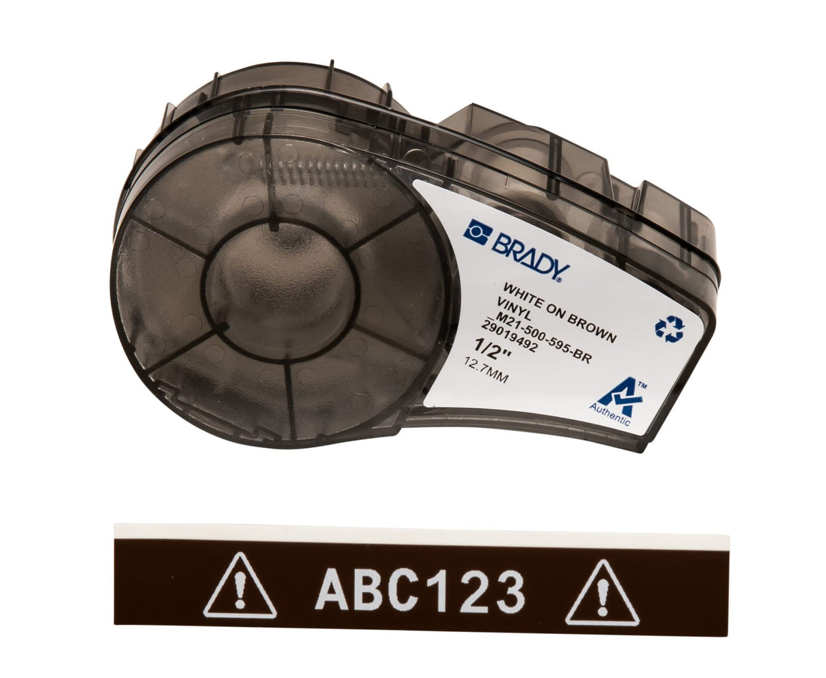 brady front packaging showing roll and label type, highlights compatibility and durability