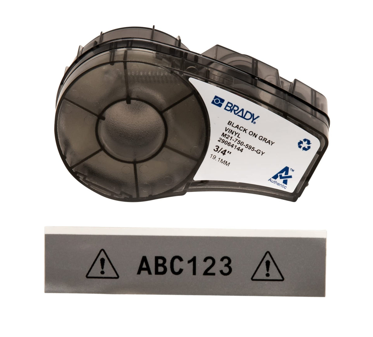 Brady front packaging showing product and specifications for reliable identification