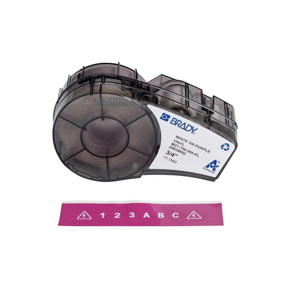 Brady front packaging showing M21-750-595-PL cartridge and product details for easy identification