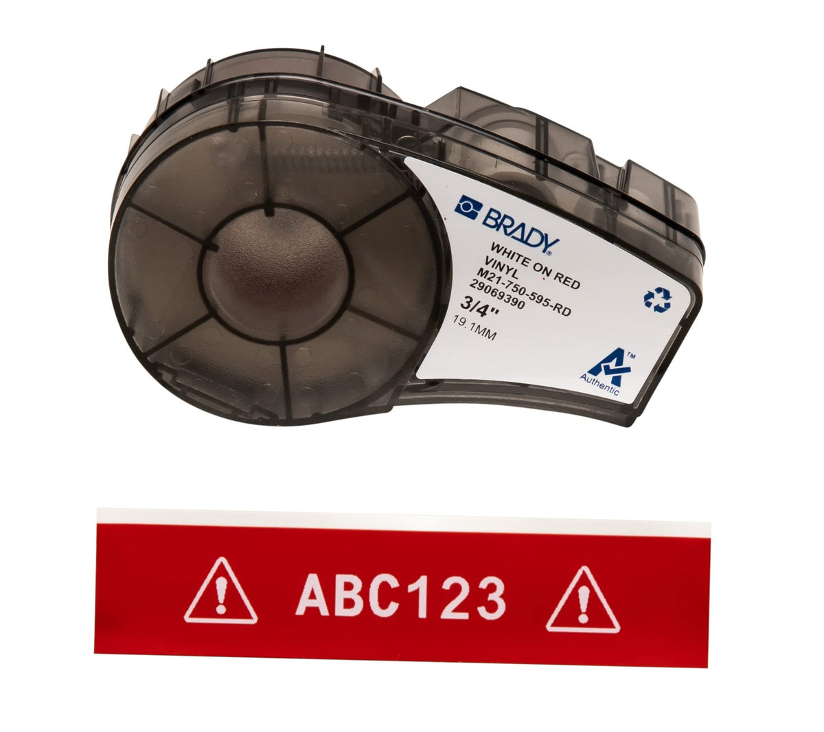 Brady front packaging showing cartridge and label roll, clear identification benefit