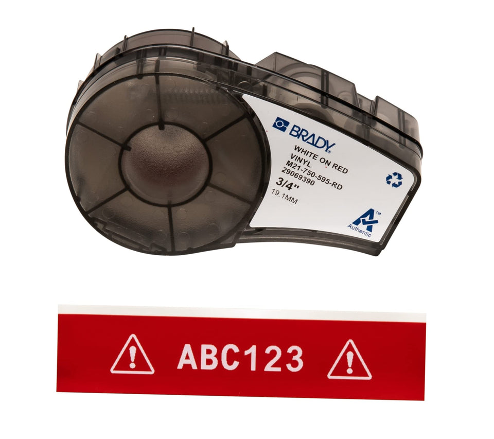 Brady front packaging showing cartridge and label roll, clear identification benefit