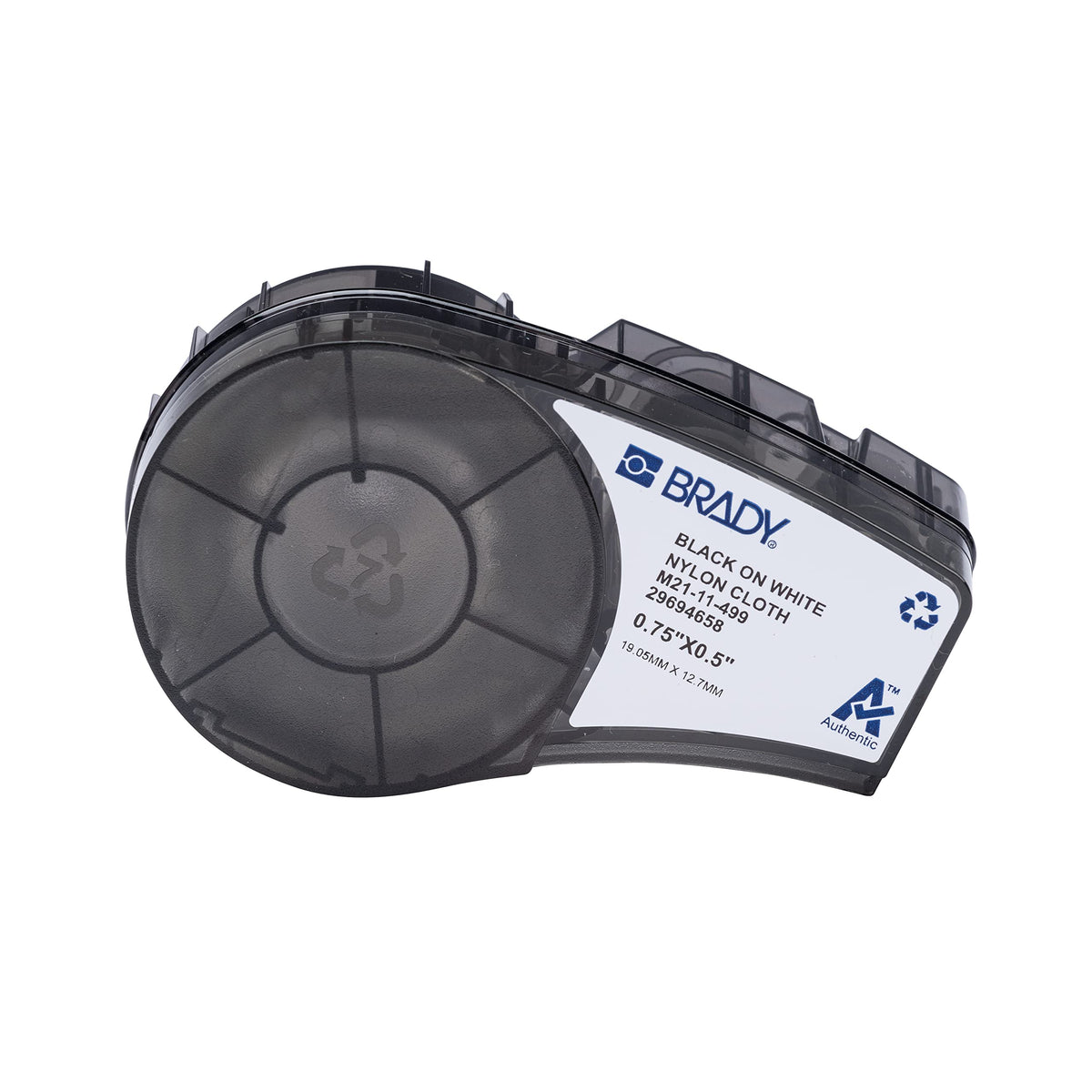 Brady M21-11-499 label roll front showing product and compatibility benefits