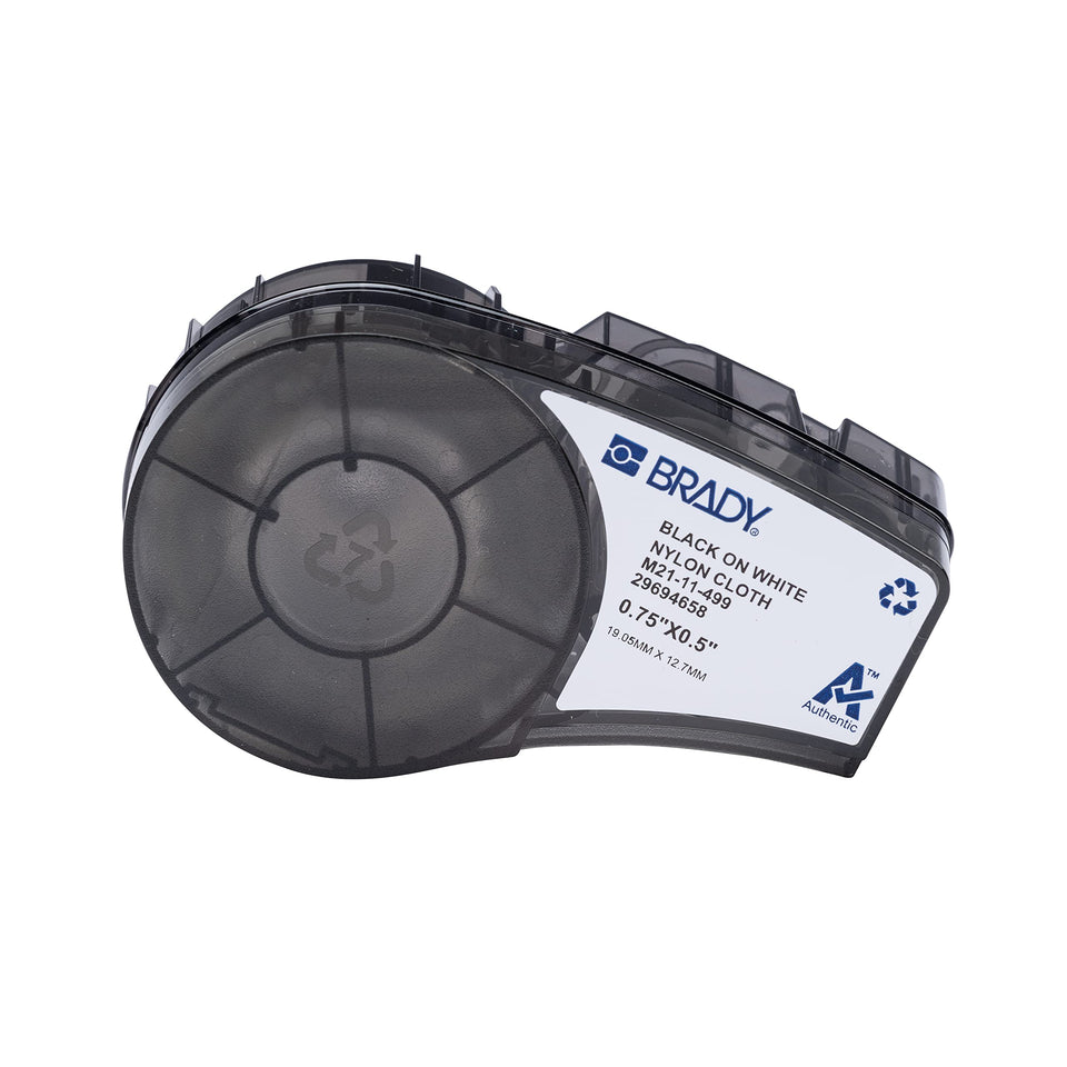 Brady M21-11-499 label roll front showing product and compatibility benefits