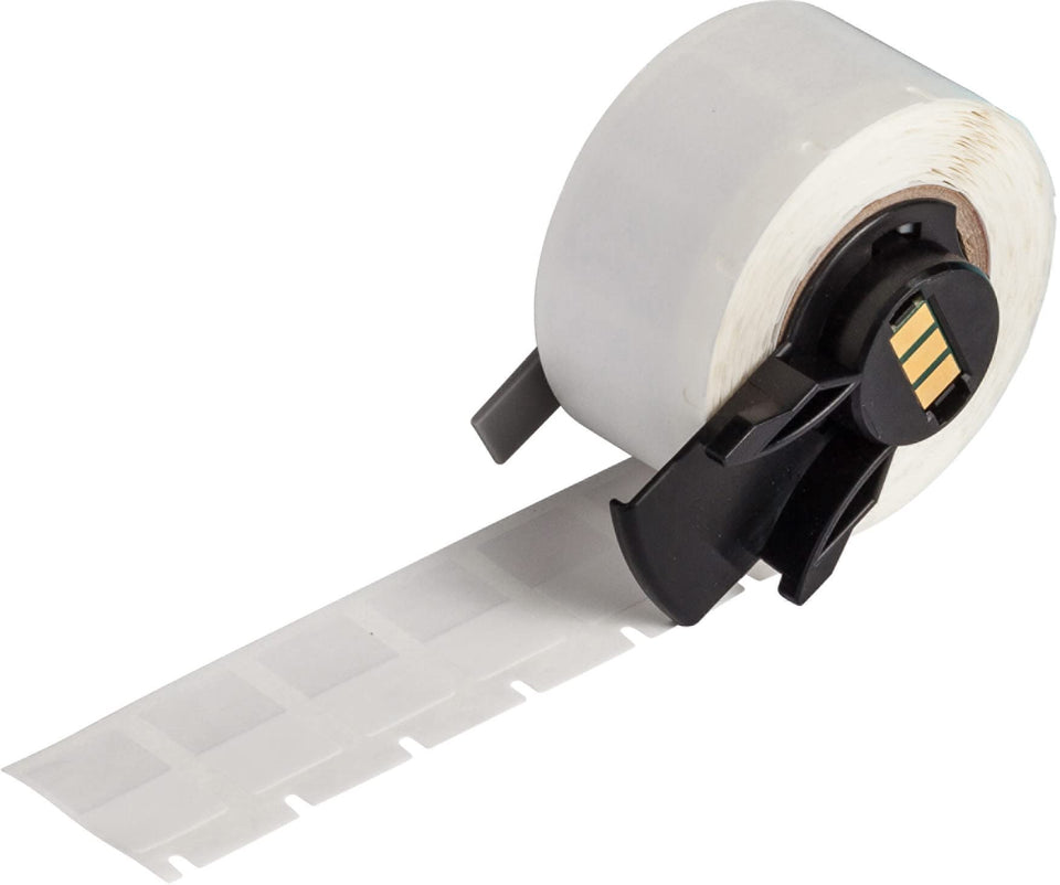 Brady roll front packaging showing B-427 wrap-around labels and printer compatibility benefits