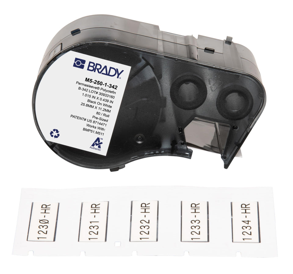 Brady PermaSleeve heat-shrink labels for wires provide durable cable marking.