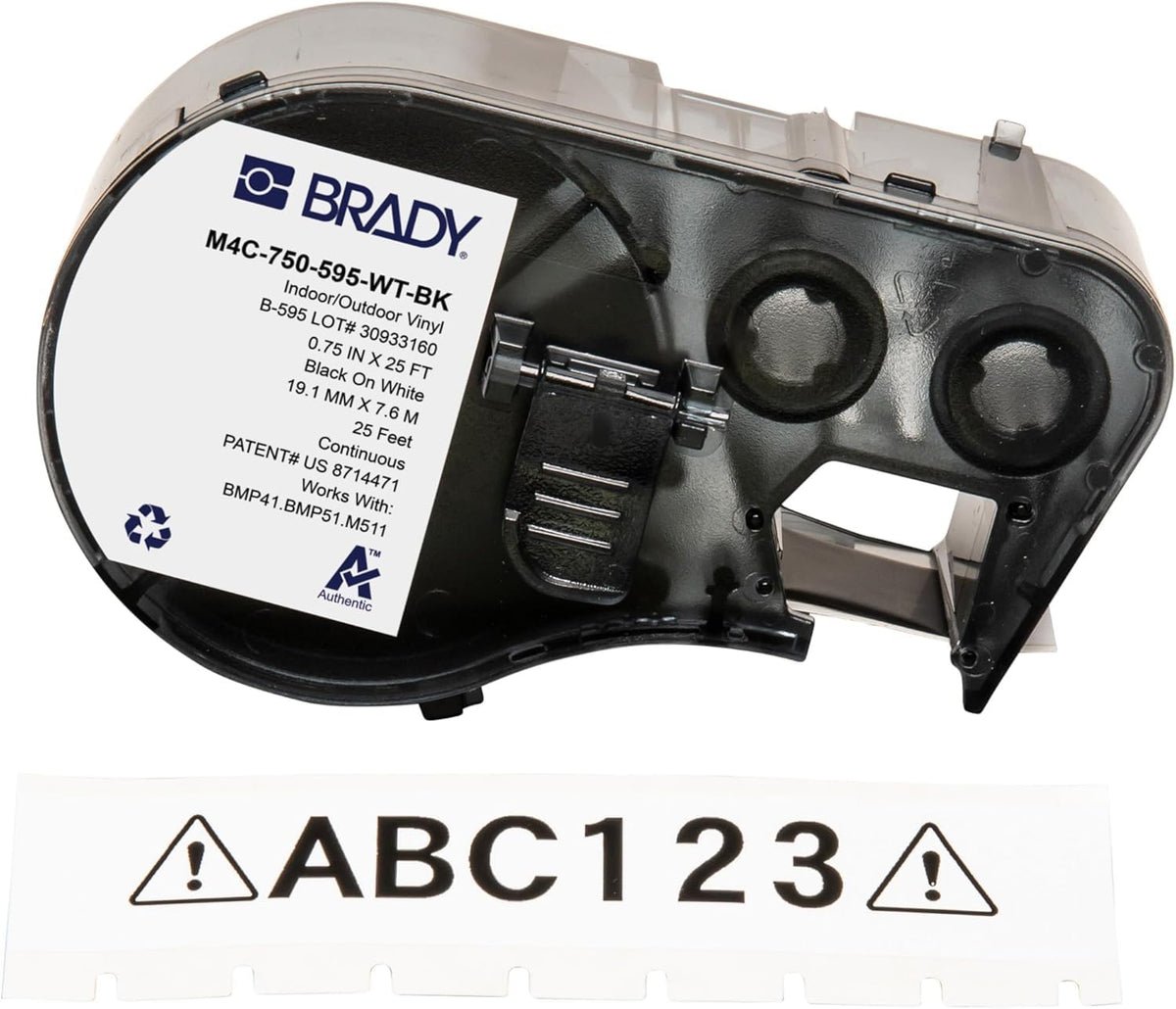 Brady roll front packaging showing label roll and benefits of durability