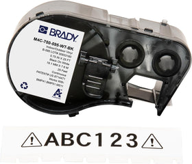 Brady roll front packaging showing label roll and benefits of durability
