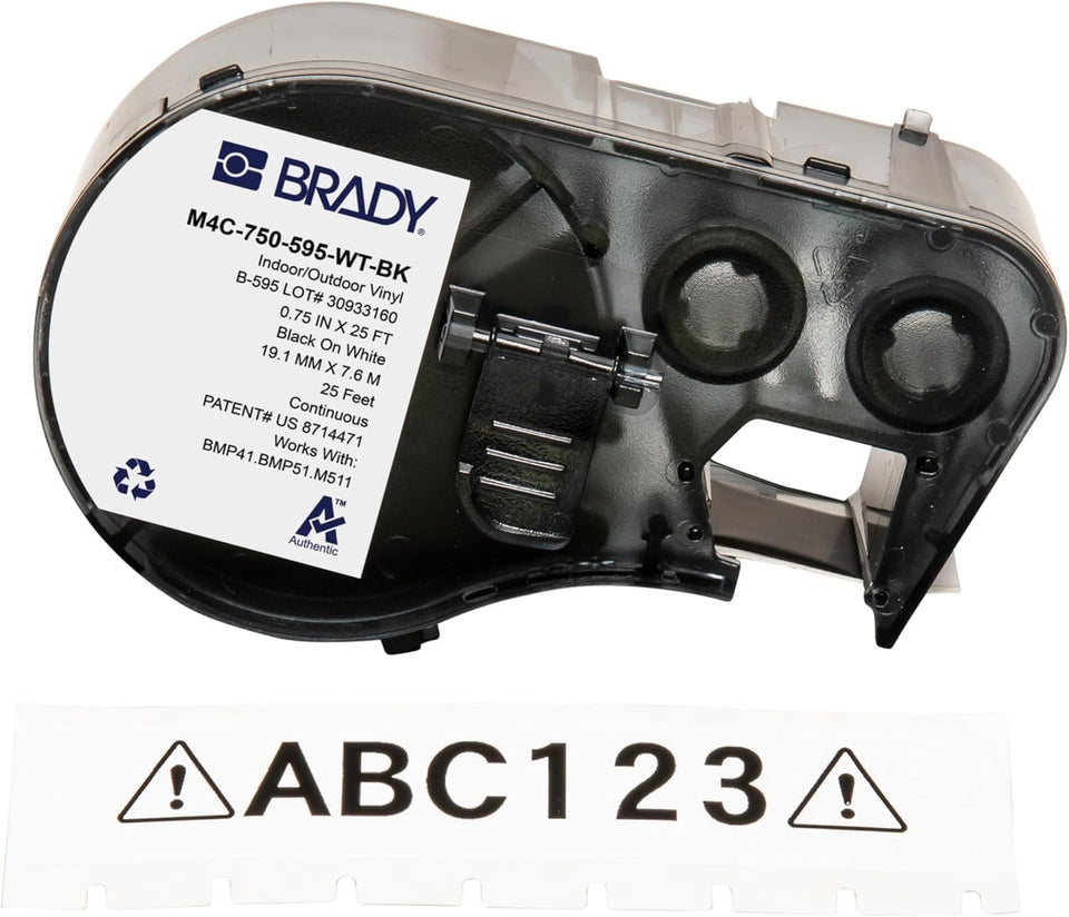Brady roll front packaging showing label roll and benefits of durability