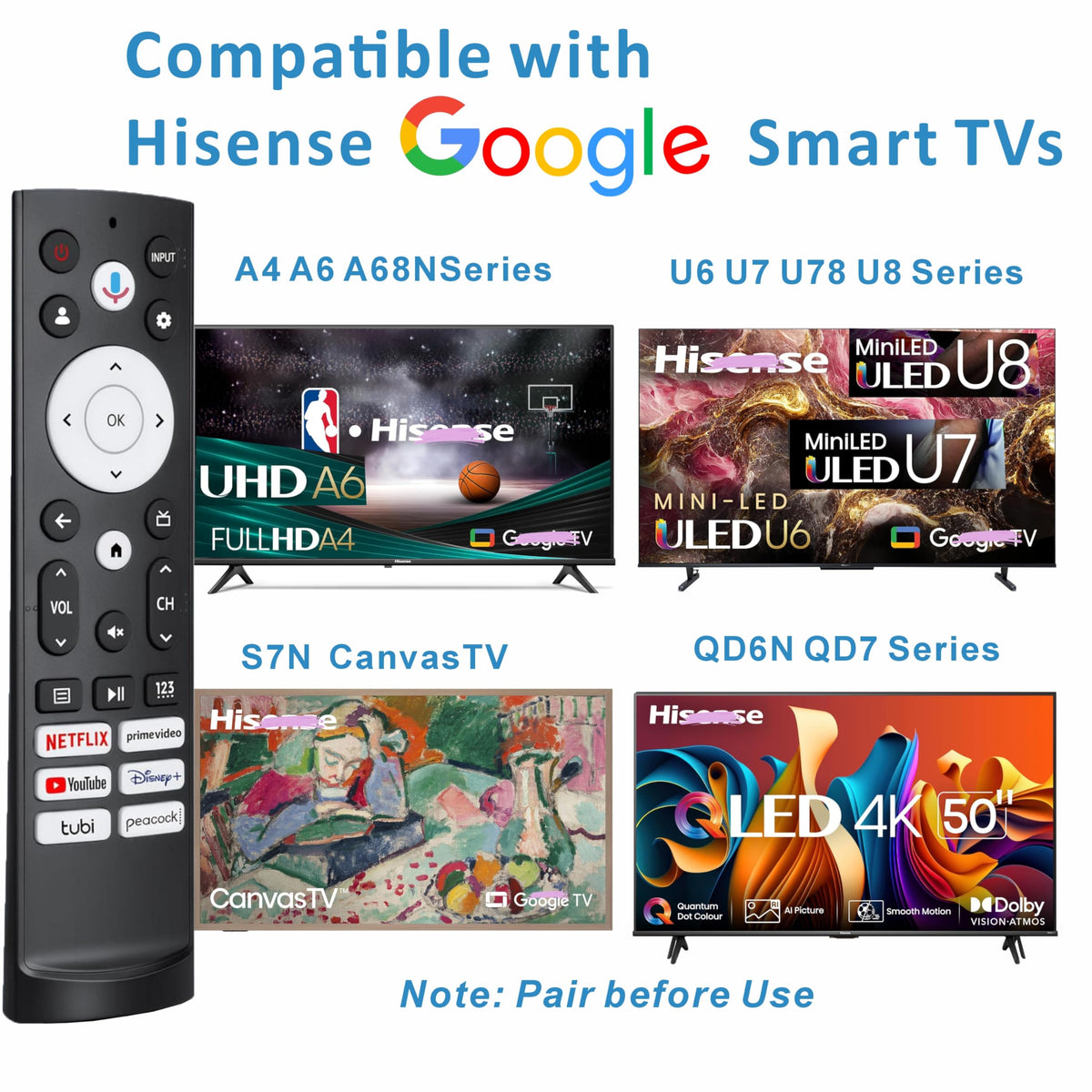 B BraiNice voice-control remote works with Google TV series for hands-free operation.