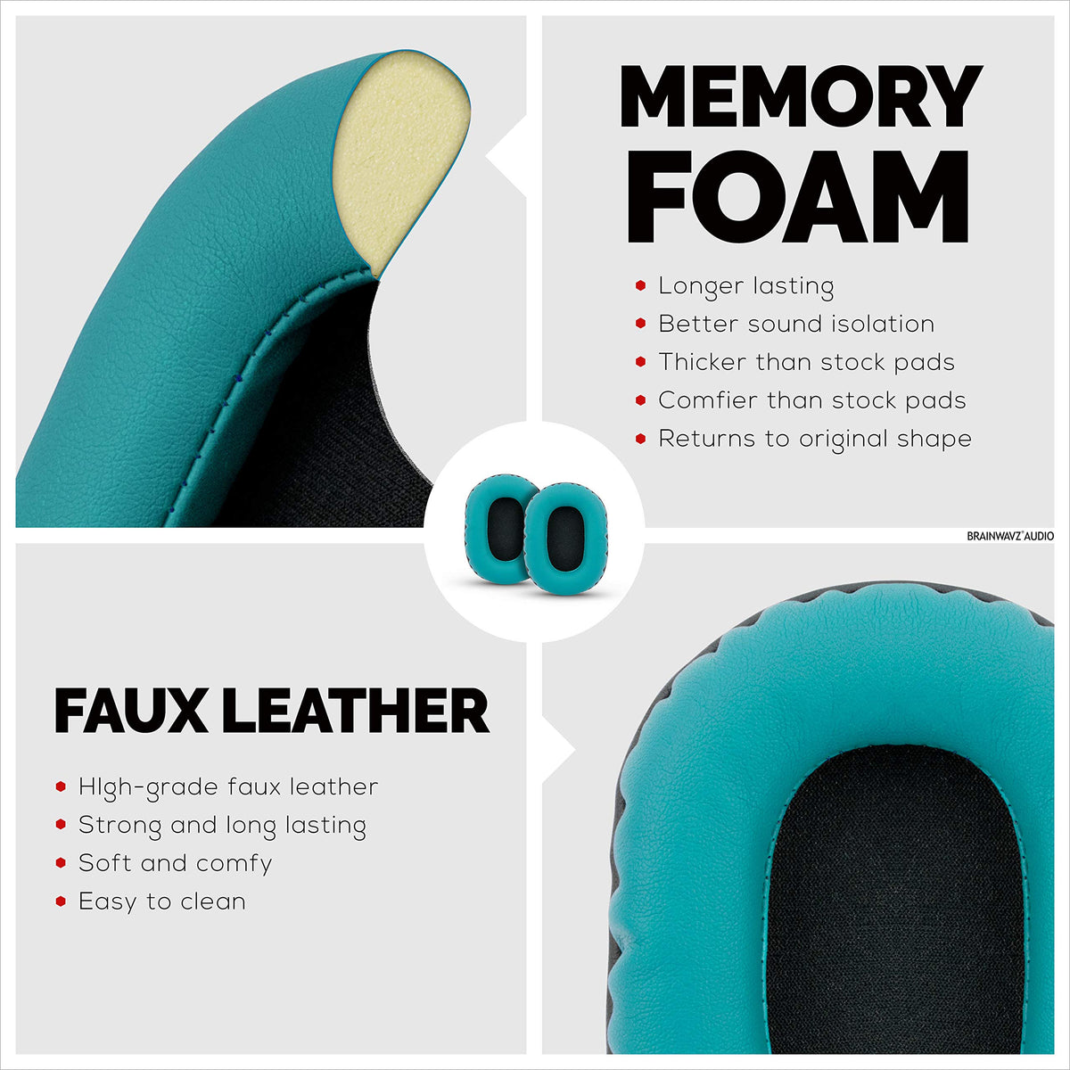 Turquoise stitching detail on Brainwavz earpads for style and durability.