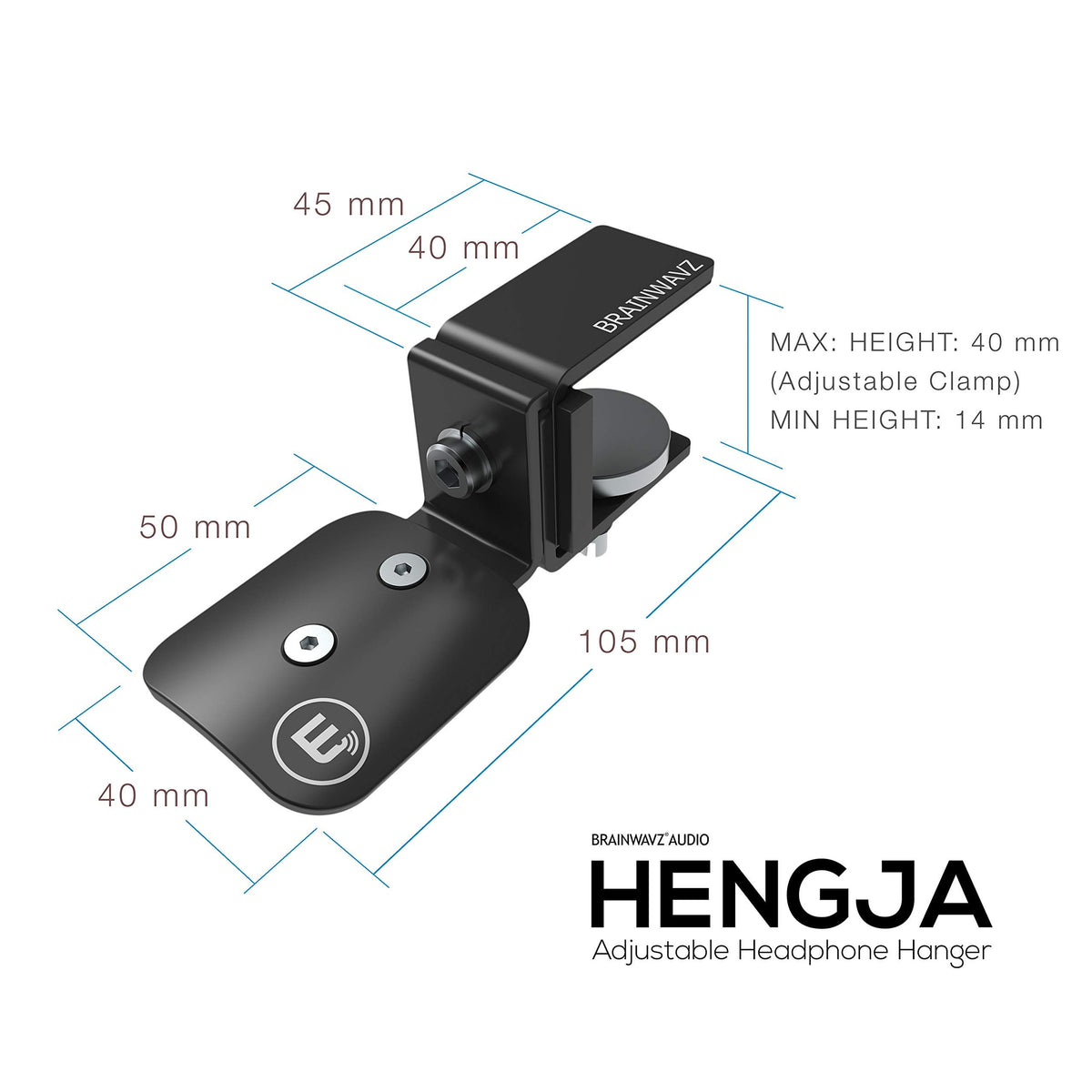 BRAINWAVZ Hengja desk edge installation showing tool-tightened clamp and no-damage benefit