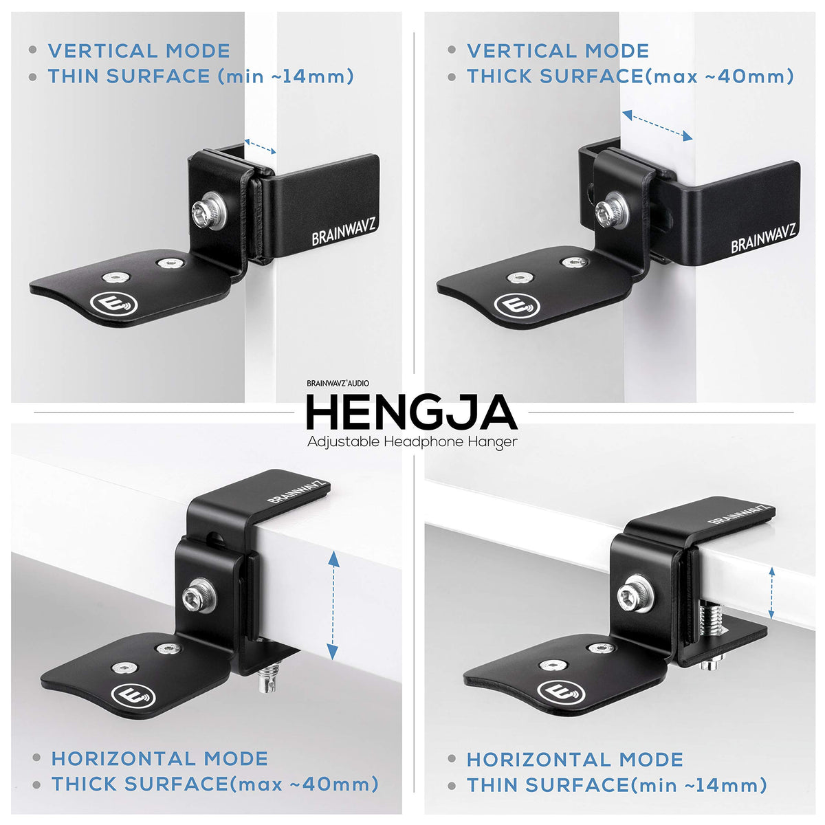 BRAINWAVZ Hengja size comparison with headset showing space-saving desk organization benefit