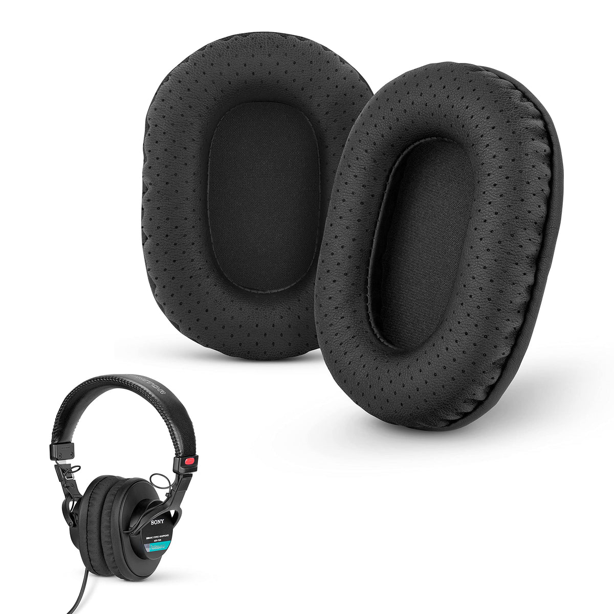 Brainwavz perforated earpads on Sony MDR-7506 front view, highlighting comfort.