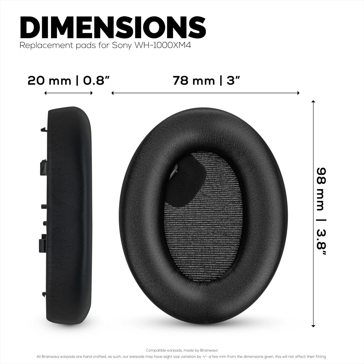 BRAINWAVZ earpads next to a hand showing scale and comfortable coverage