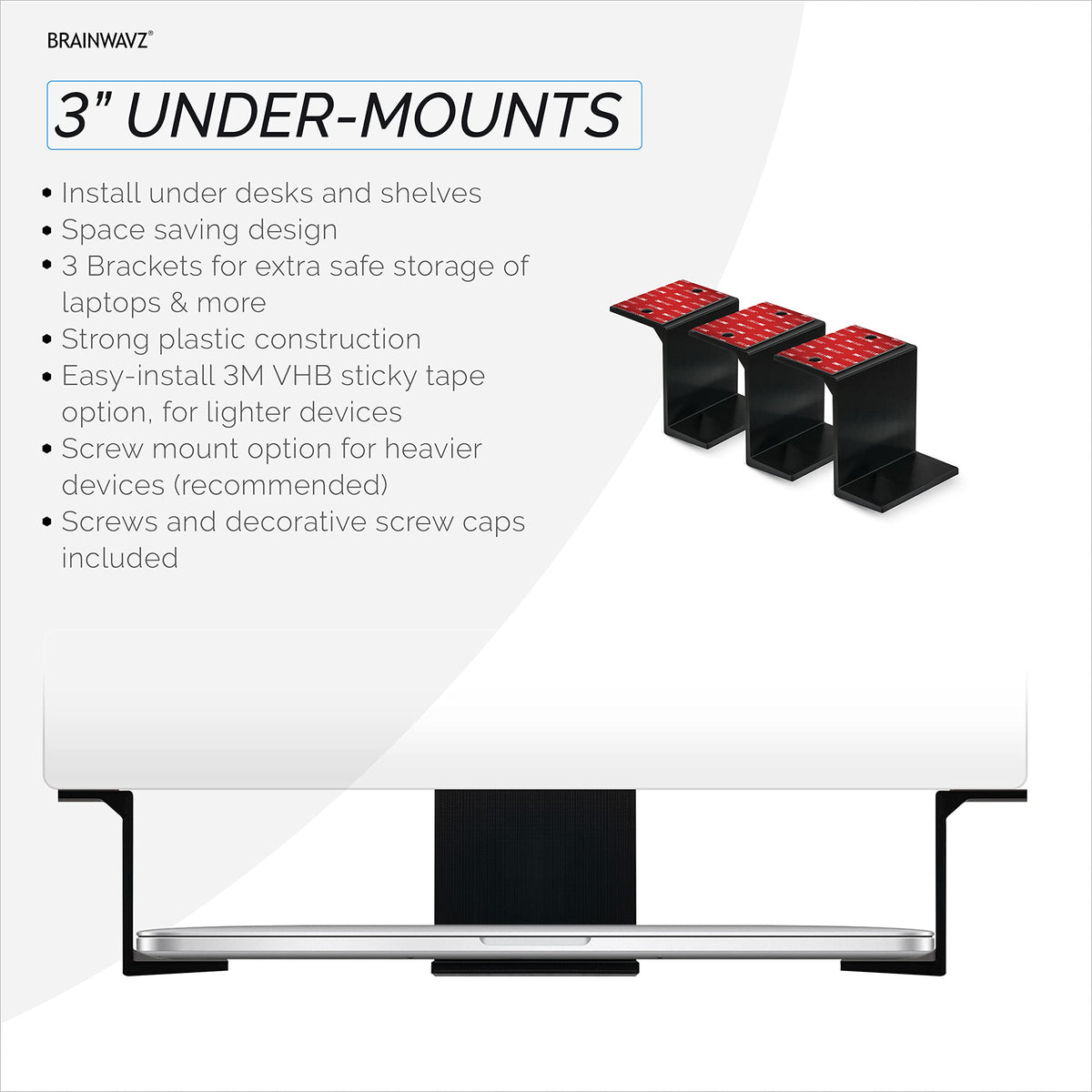 BrainWAVZ under-desk solution for cable box, reducing clutter.