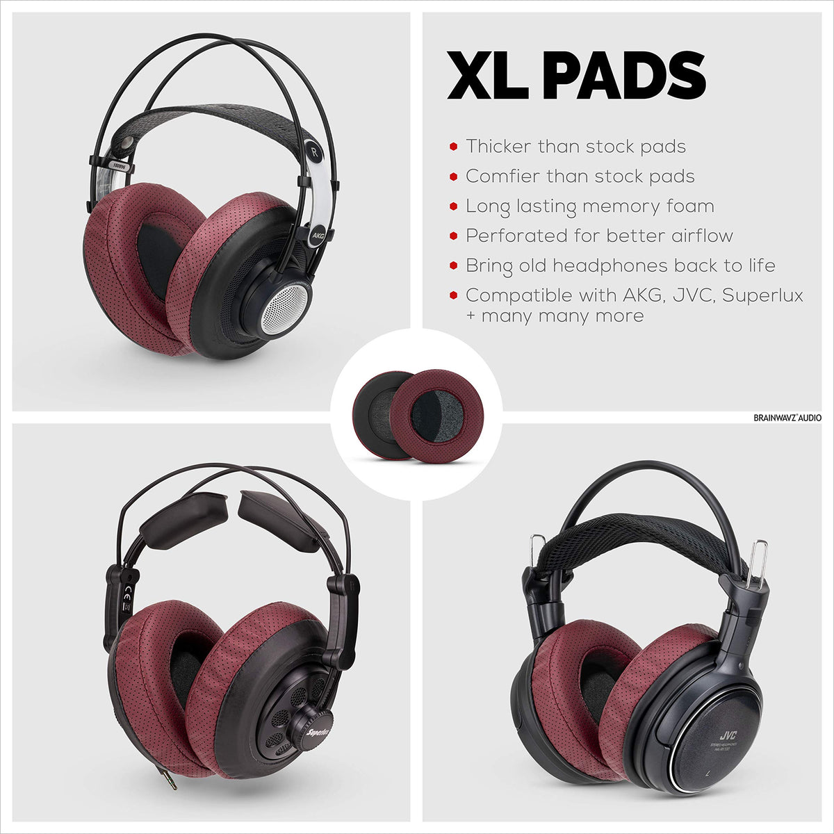 Brainwavz XL memory foam earpads on headphones providing comfortable seal.