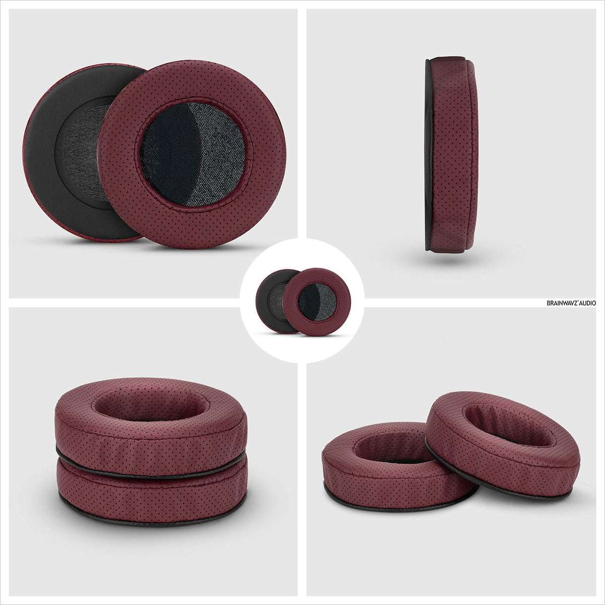 Brainwavz XL perforated red earpads with stitched edge detail.