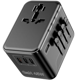 Braveshark universal travel adapter front view with five built-in plugs for worldwide charging.