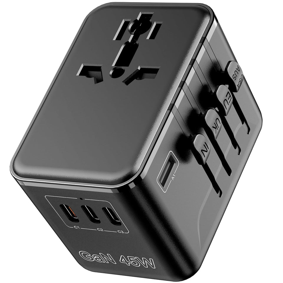 Braveshark universal travel adapter front view with five built-in plugs for worldwide charging.