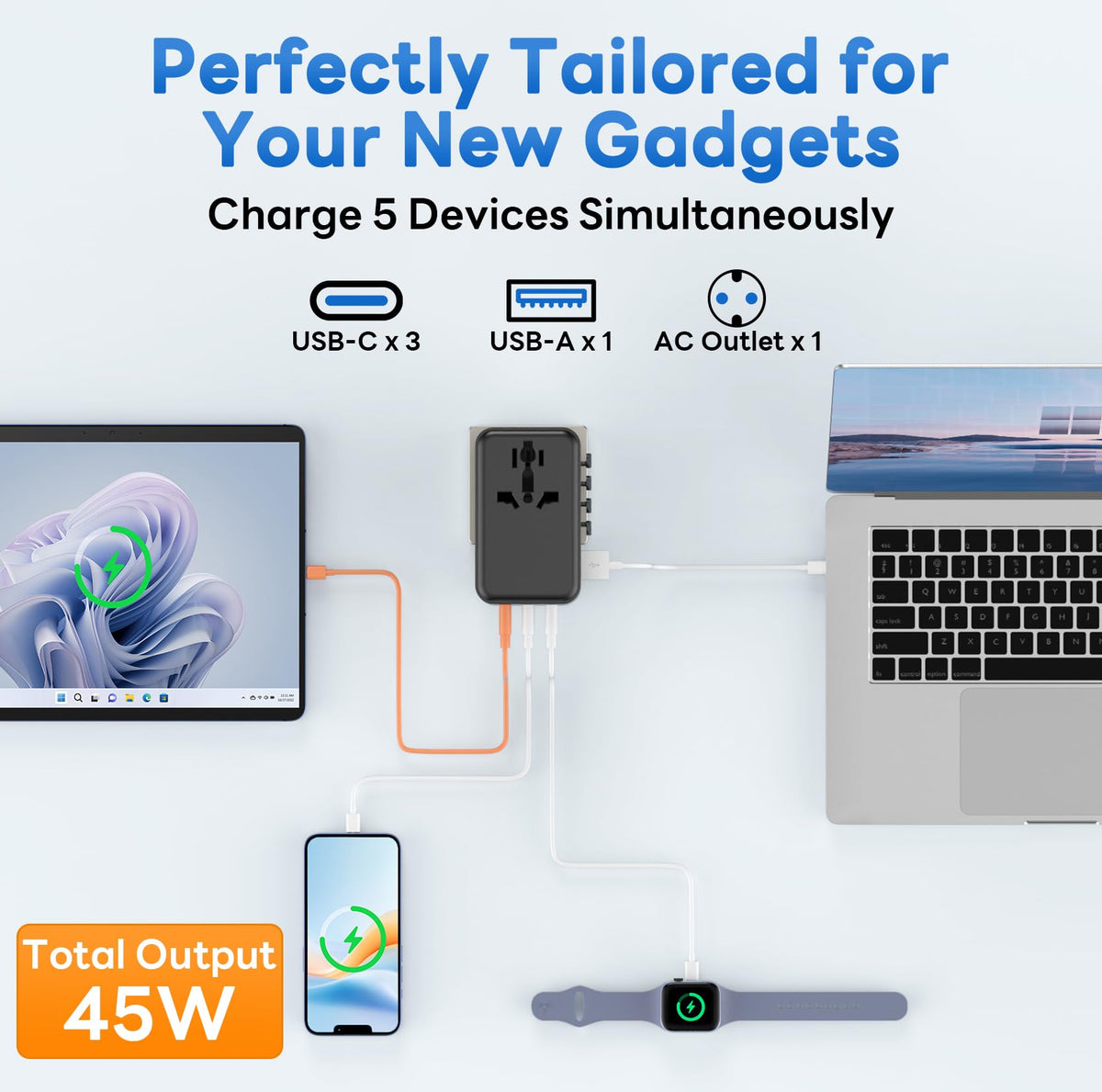 Braveshark universal adapter displaying US/EU/UK/India compatibility for travel.