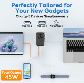 Braveshark universal adapter displaying US/EU/UK/India compatibility for travel.