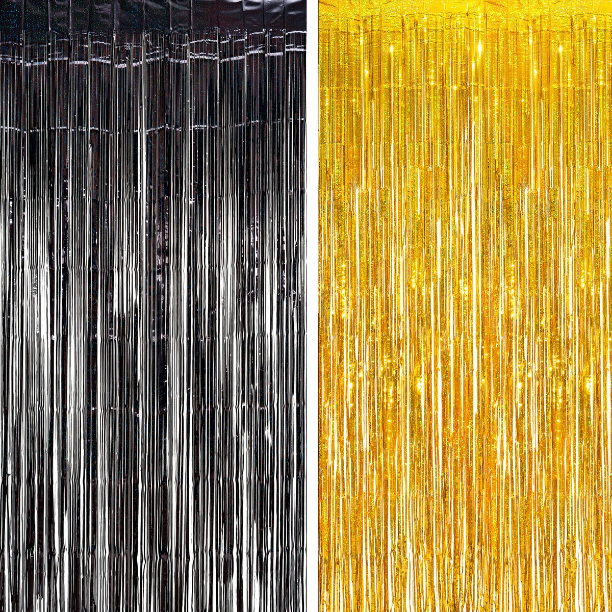 BRAVESHINE front view of black gold foil fringe curtain, adds instant party sparkle